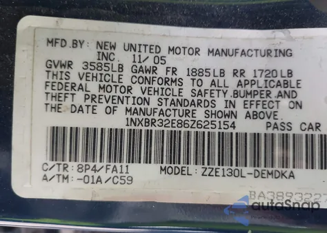 2006 Toyota Corolla Ce из США, поврежденный, VIN 1NXBR32E86Z625154